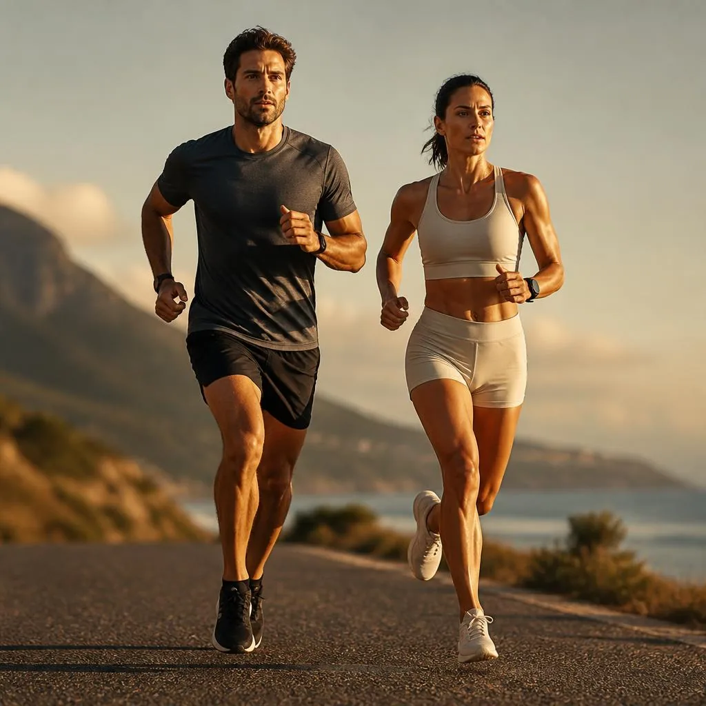Man and woman running together at golden hour